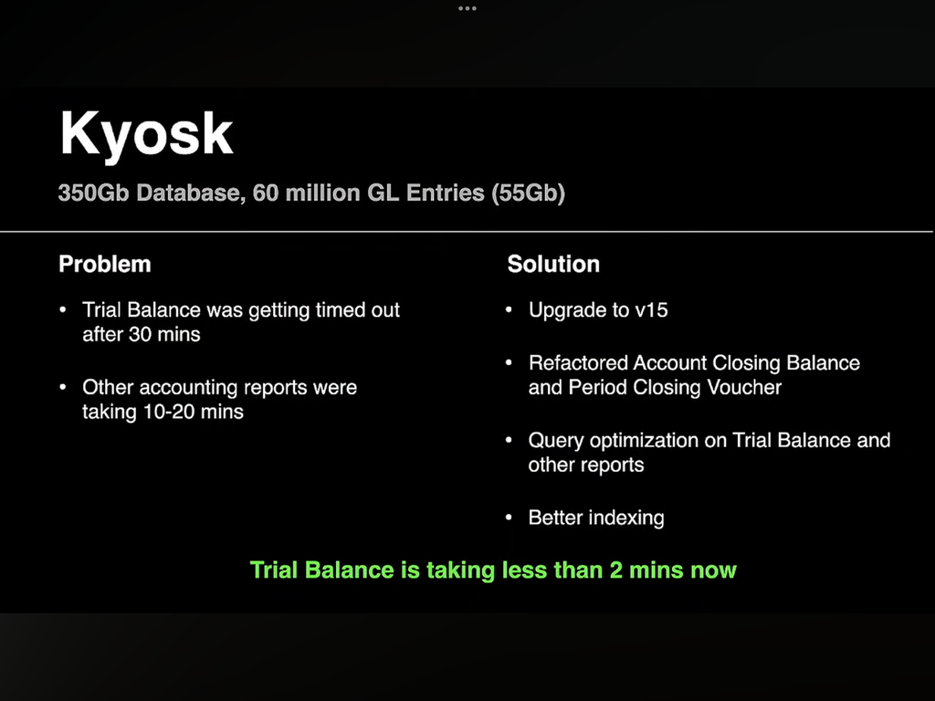 Slide displaying scale of Kiyosk’s ERPNext instance